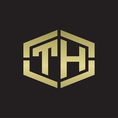 TH Logo monogram with hexagon shape and piece line rounded design tamplate on gold colors