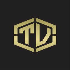 TV Logo monogram with hexagon shape and piece line rounded design tamplate on gold colors
