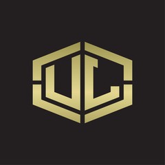 UL Logo monogram with hexagon shape and piece line rounded design tamplate on gold colors