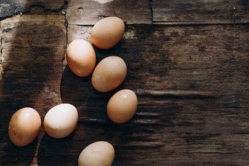 chicken eggs on brown wooden background