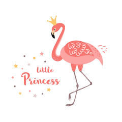 Flamingo Princess Cute pink flamingo text little princess isolated on white. Girls print vector