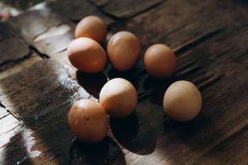chicken eggs on brown wooden background
