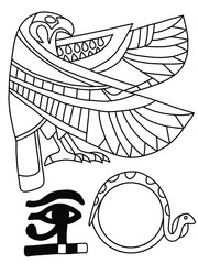 Set of three ancient Egypt stylized isolated elements stock vector illustration. Black outline Ra the sun god falcon, uraeus and the eye of Horus on white. Graphic simple ancient Egypt from papyrus.