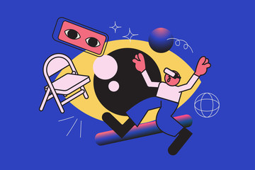 Vector cartoon illustration about virtual reality, VR in modern style, abstract element. filled outline