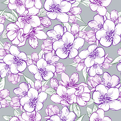 Vector seamless pattern with sakura flowers. Cherry blossom. Repeated background with purple, pink, burgundy, green elements on a gray background. Stylish print that can be used for cover, postcard