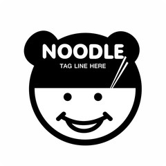 A girl eat noodles and happy smile. Vector icon