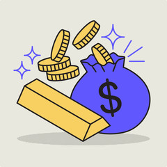 Vector cartoon illustration about money, coin, gold and money bag in modern style, abstract element. filled outline
