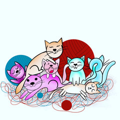 Many cats with a ball of thread