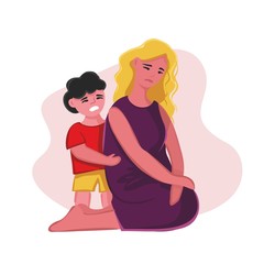 Naklejka na ściany i meble A crying woman is sitting on her lap with a screaming child. The concept of domestic violence, problems, family quarrels. law about protection of women and children. Flat modern vector illustration.