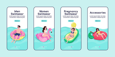 Fototapeta premium Women and men swimwear onboarding mobile app screen flat vector template. Swimsuits for pregnant. Walkthrough website steps with characters. UX, UI, GUI smartphone cartoon interface, case prints set