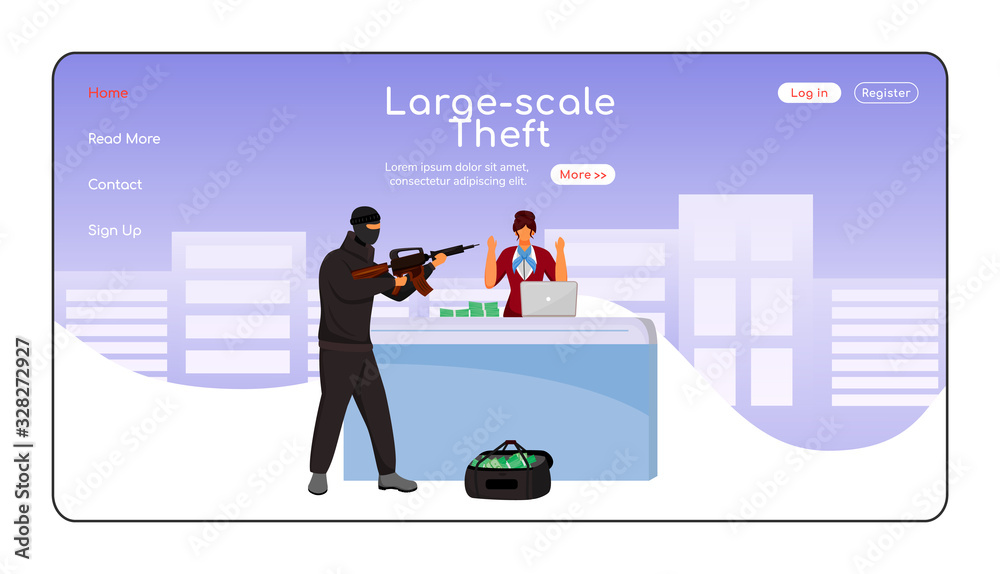 Poster large scale theft landing page flat color vector template. armed robbery. man pointing machine gun a