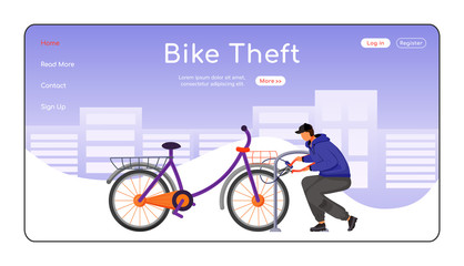 Fototapeta na wymiar Bike theft landing page flat color vector template. Man stealing property. Thief cutting cycle lock. Homepage layout. One page website interface with cartoon character. Web banner, webpage