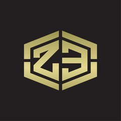 ZE Logo monogram with hexagon shape and piece line rounded design tamplate on gold colors