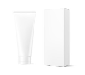 Blank plastic tube for cosmetics. Front view. Vector illustration isolated on white background. Can be use for your design, advertising, promo and etc. EPS10.