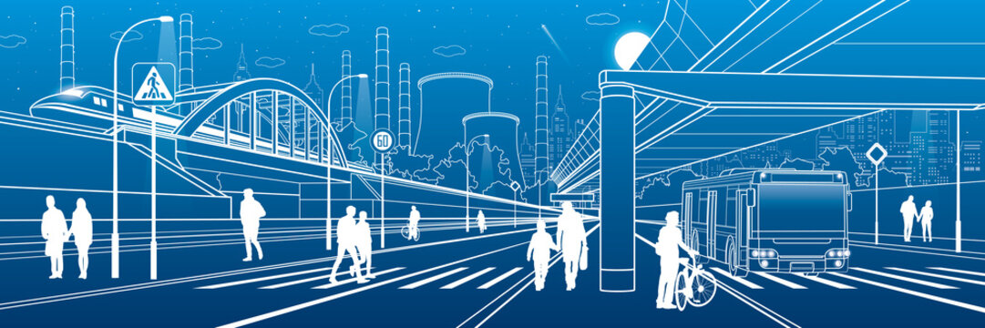 Development modern city. People walking at the street. Illuminated highway. Transport infrastructure. Factory thermal power plant. Night town scene. White lines on blue background. Vector design art