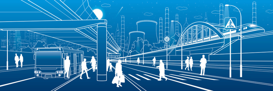 Development modern city. People walking at the street. Illuminated highway. Transport infrastructure. Factory thermal power plant. Night town scene. White lines on blue background. Vector design art