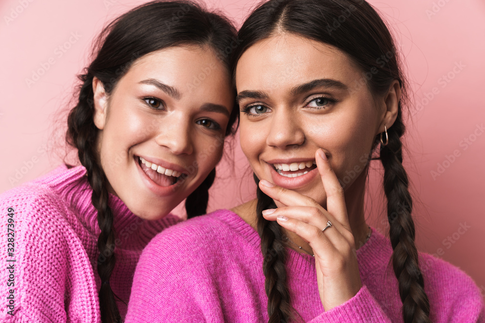 Poster Image of two happy girls with braids in casual clothes smiling at camera