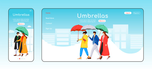 Obraz na płótnie Canvas Umbrellas landing page flat color vector template. Mobile display. People in raincoats homepage layout. Rainy weather one page website interface, cartoon character. Walking crowd web banner, webpage