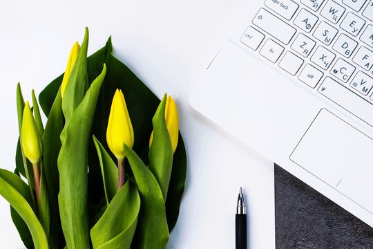 Bouquet of yellow tulips, a white notebook, pen and spiral notebook on a gray background.
