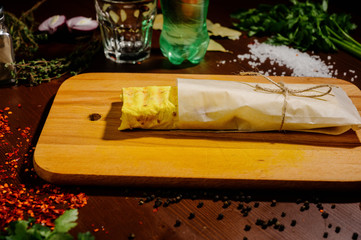 Doner Kebab Gyros Shawarma beef roll in pitta bread Wrap sandwich on wooden background