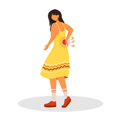 Lower back pain flat color vector faceless character. Woman suffering kidney problems. Sick female patient with backache. Young person with rheumatism. Symptom of disease isolated cartoon illustration