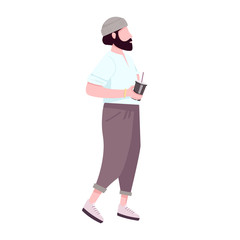 Hipster guy with coffee to go flat color vector faceless character. Fashion, stylish bearded man holding disposable take away cup isolated cartoon illustration for web graphic design and animation