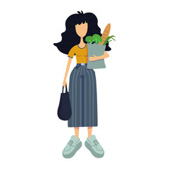 Zero waste flat cartoon vector illustration. Standing woman holds organic food. Healthy nutrition. Ready to use 2d character template for commercial, animation, printing design. Isolated comic hero
