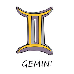 Gemini zodiac sign flat cartoon vector illustration. Twins celestial air symbol with name. Astrological horoscope prediction object. Astrology chart yellow element. Isolated hand drawn item