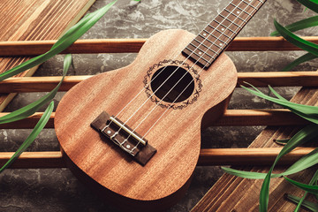 ukulele lies on concrete background with brown wooden sticks and plant leaves - obrazy, fototapety, plakaty