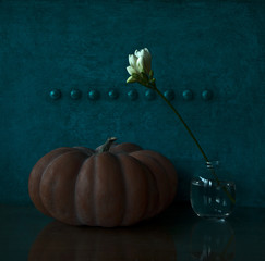 still life with flowers and pumpkin - 328275729