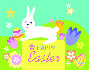Happy easter greeting card with rabbit, flowers and egg. Spring Easter background