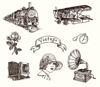 Vintage gravure style, train, airplane, rose flower, chain watches, photo camera, fashionable girl portrait in hat, phonograph, hand drawn sketch illustration, isolated design element