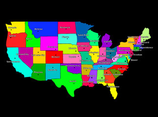 Map of USA with regions. Colorful graphic illustration with map of USA. American map with regions. Map with abstract colors.