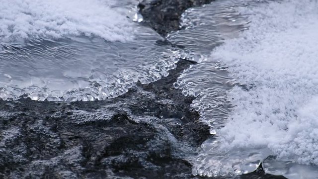 Video of openwork ice over the water of frozen river Pescherka in winter
