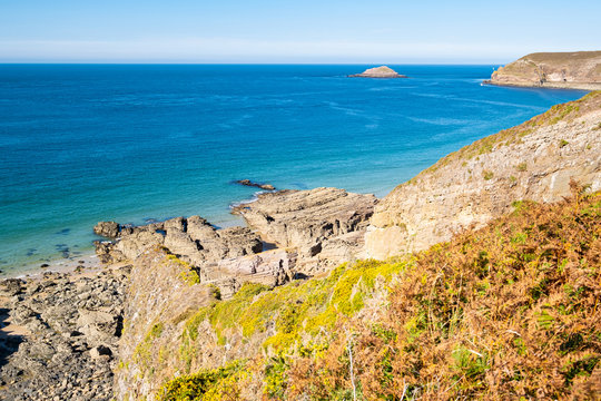 Landscape of the Brittany coast in the Cape Frehel region with its beaches, rocks and cliffs in summer.