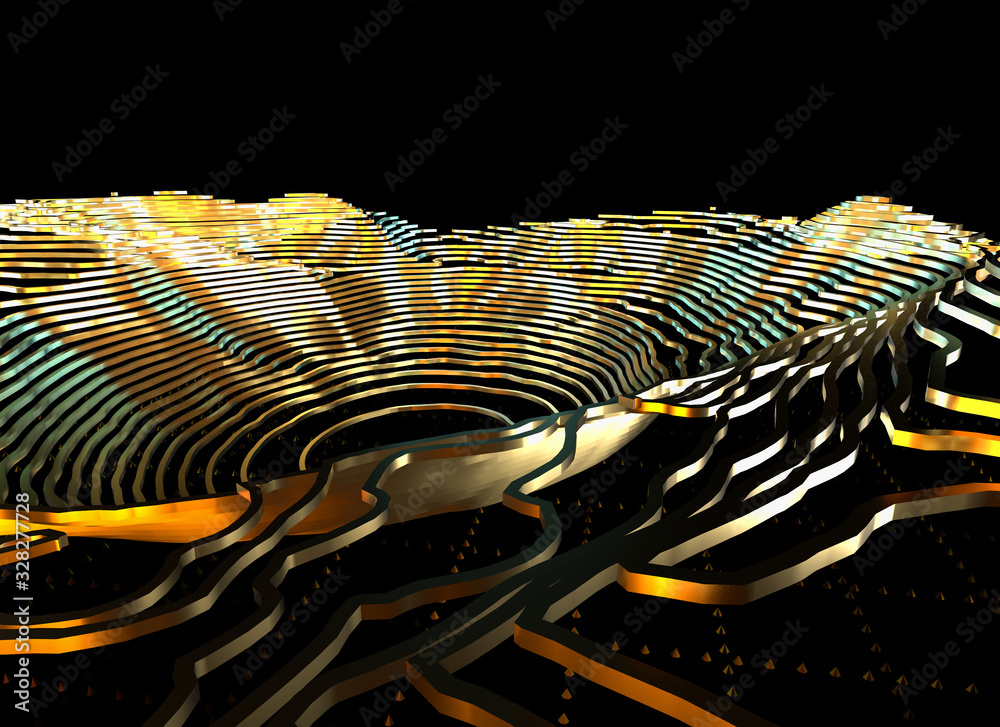 Poster Abstract topographic map 3D background with shiny golden lines in sci-fi technology style. 3D illustration
