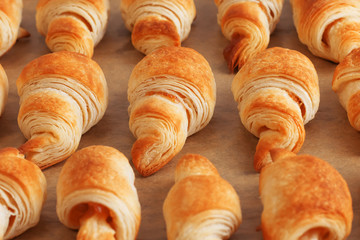 Side view of three rows of freshly baked golden croissants made of puff pastry with shallow depth of field with jam on brown baking paper