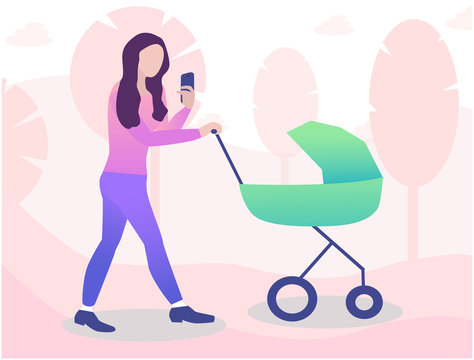 young mother is walking with baby in pram and looking in a smartphone.