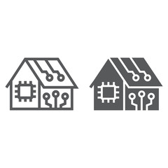 Smart home line and glyph icon, technology and house, house with chip sign, vector graphics, a linear pattern on a white background, eps 10.