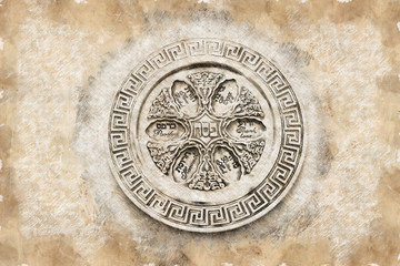 black and white pencil sketch style illustration of Pesah celebration concept (jewish Passover holiday). Traditional pesah plate text in hebrew: horseradish, celery, egg, bone, maror, charoset