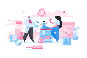 Doctor making injection to baby. Flat illustration