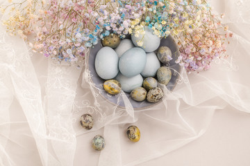 Happy Easter. Set of Easter eggs with a multicolored flowers on a white background. Spring holiday.