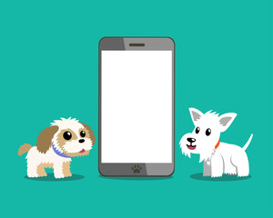 Cartoon character cute shih tzu and white scottish terrier dog with smartphone for design.