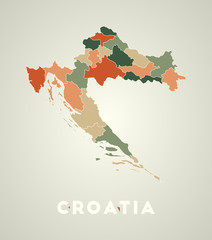 Croatia poster in retro style. Map of the country with regions in autumn color palette. Shape of Croatia with country name. Captivating vector illustration.