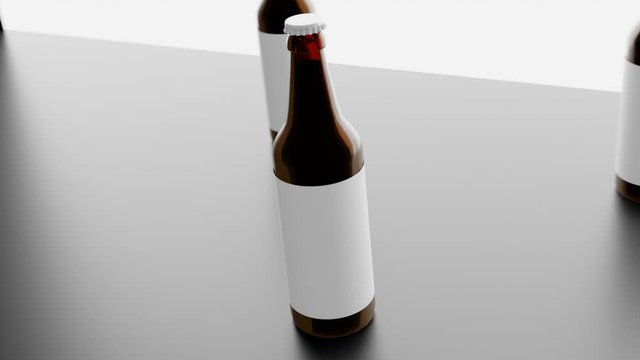 Pan around three brown bottle with generic blank white labels on shiny surface  brightly backlit.