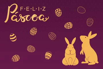 Muurstickers Card, invite, banner design with cute rabbits, eggs, Portuguese text Feliz Pascoa, Happy Easter. Gold on purple background. Vector illustration. Concept holiday celebration decor element. Flat style. © Maria Skrigan