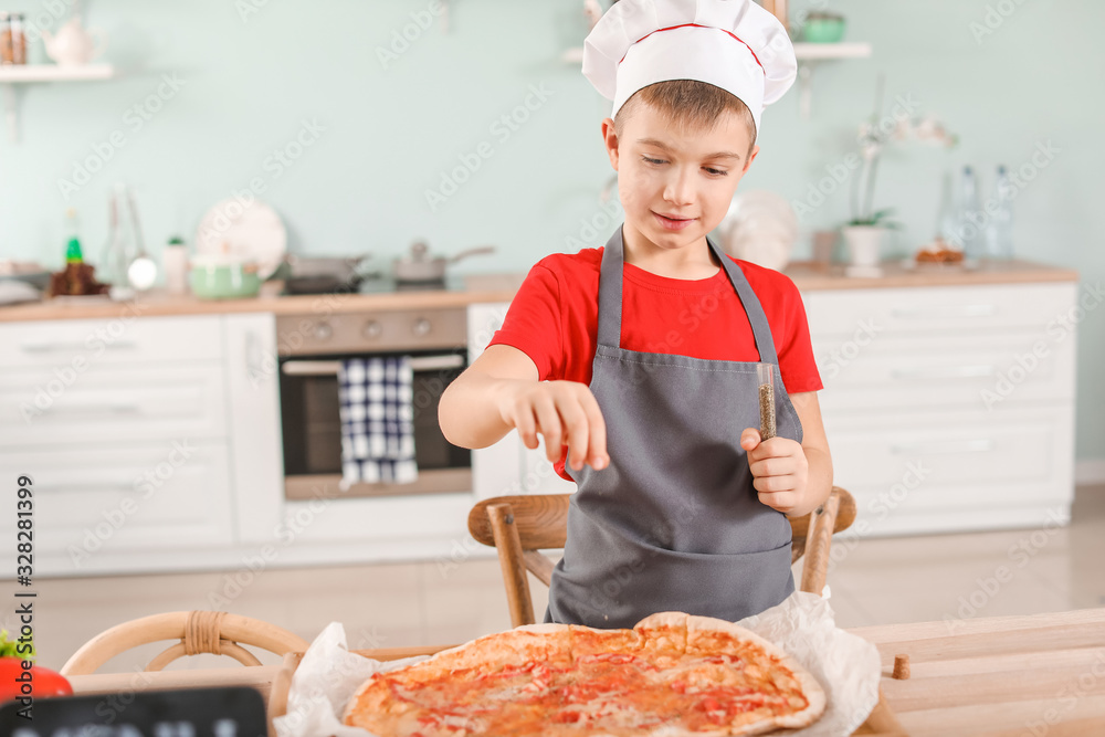 Sticker cute little chef cooking pizza in kitchen