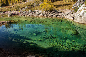 Green watercolor of mountain lake at Seven lakes, Bohinj