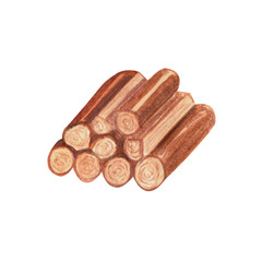 Cut firewood is ready for bonfire. Stock of wood for heating houses. Watercolor hand drawn illustration
