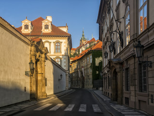 Fototapeta na wymiar Empty street at the morning in old city of Prague